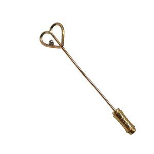Heart Shaped Gold Tone Stick Pin Brooch With Clear Rhinestone Accent